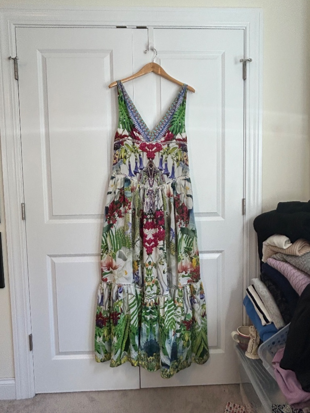 Camilla Tiered Gathered Dress in Exotic Hypnotic silk tropical floral crystal - Picture 8 of 15